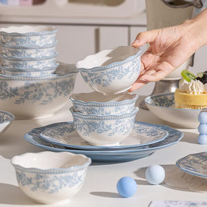 法式复古蓝色陶瓷餐具套装餐桌用具新款高颜值釉下彩米线汤碗条纹 - Product Image 4