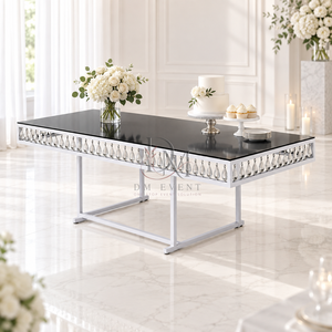 Premium Stainless Steel Banquet <b>Table</b> Black Glass Top Crystal Trim Silver Frame Event Rental Wholesale Supplier - Product Image 2