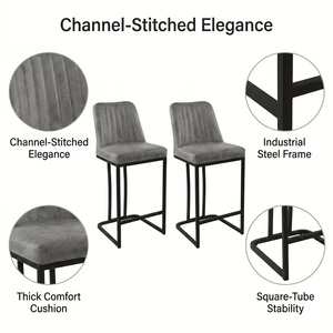 Taburete de Barra Moderno Estilo Ático con Estructura Cuadrada de Acero y Asiento de Cuero Ranurado para Salas Públicas Universitarias - Product Image 2