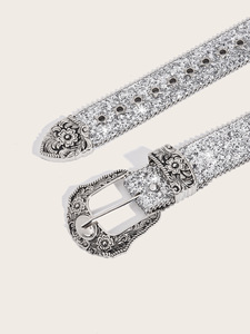 Yonger Factory cintura in pelle glitterata Vintage a forma di stella perlina rifilatura in metallo antico argento con fibbia - Product Image 3