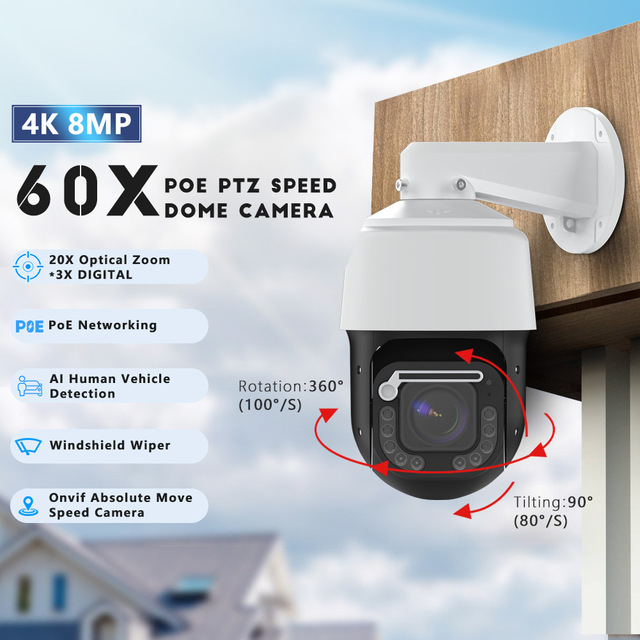 60X Zoom PTZ 8MP PoE IP Dome Camera OEM Outdoor 120dB WDR High Speed AI Detection RTMP360 Pan Tilt Smart CCTV Security Camera
