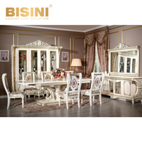 Set Furniture Ruang Makan Gaya Perancis, dengan Meja Makan Antik, Prasmanan, dan Kabinet Ukiran Kayu