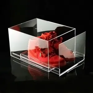 Factory custom clear store shop pmma plexiglass acrylic shoe box display box with lid clear shoe box with sliding drawer