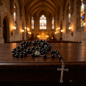 Collier religieux catholique en bois avec perles et croix plaquée argent, en alliage ABS/Zinc, mini perles phosphorescentes, vente en gros, pièce maîtresse - Product Image 4