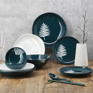 Juego de Vajilla de Cerámica Rectangular con Diseño de Hojas Verdes de Pavo Real, Apto para Microondas, para Fiestas - Product Image 4