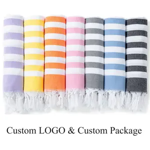 Toalha de praia turca fouta com borla 100% algodão orgânico sem areia com logotipo personalizado por atacado