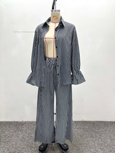 Women's Striped Button-<b>Down</b> Bell-Sleeve Long-Sleeve Shirt & Wide-Leg <b>Pants</b> African Casual 2-Piece Set Fashion - Product Image 6