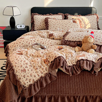 Ensemble de literie 4 pièces en velours de lait à imprimé floral à volants, couette et drap épais et moelleux double face pour la chambre à coucher en hiver
