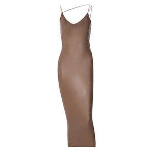 Y207148 Robe Midi Femme Fendue en Similicuir PU à Bretelles Col V Dos Nu Moulante Sexy Streetwear Soirée Élégante Club Automne Hiver - Product Image 2