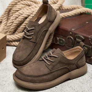 Chaussures de marche pour hommes en cuir de vache véritable, bout rond, à lacets, semelle extérieure en caoutchouc souple, couleur unie, style décontracté bas - Product Image 2