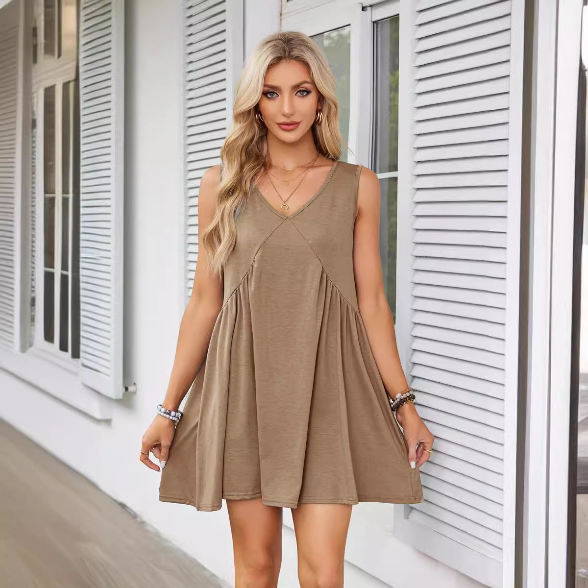 Elegant Ladies Vest Pocket Dress for Women Summer Casual Midi Length V-Neck  Sleeveless Pleated Dress| Alibaba.com
