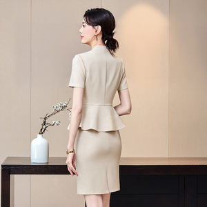 Women's Apricot Short Sleeve Suit Set Crepe Anti-Wrinkle Short Skirt Work Uniform For Office Hotel Beauty Salon - Product Image 4