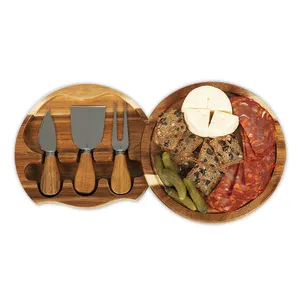 Set di taglieri per formaggi in legno di Acacia rotondi personalizzati Set di combinazioni di coltelli da frutta per pane e Pizza