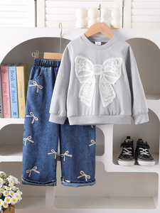 Set di Abbigliamento per Ragazze 2025 Vendita Calda su Piattaforme Transfrontaliere Stile Casual Felpa a Maniche Lunghe con Fiocco e Jeans - Product Image 6