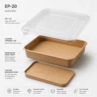 Plateau à sushi carré en papier kraft jetable écologique EP-20 avec couvercle en PET anti-buée sans BPA pour restaurant, plats à emporter, pique-nique, en vrac