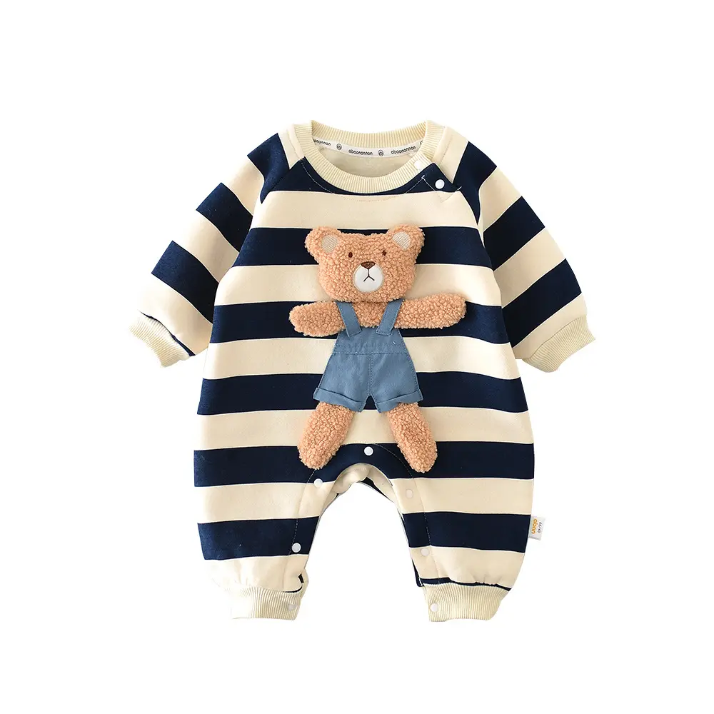 Pasgeboren Herfst Gestreepte Romper Knoop Lange Mouwen Katoenen Rompertjes Baby Jumpsuit Kleding 0-24M