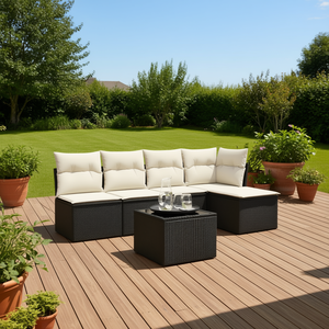 Conjunto de sofás de exterior en negro y crema, muebles de patio de ratán, moderno y contemporáneo, conjunto de 7 plazas para exteriores. - Product Image 2