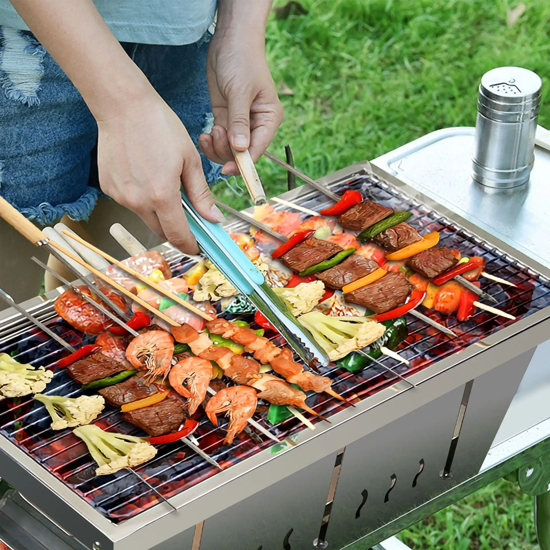 Portable 36X25CM En Acier Inoxydable Pliant Barbecue Grill pour Table De Camping Amovible IGT Pliable Grill