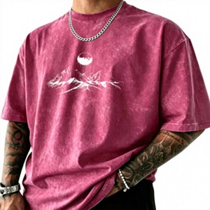 T-shirt vintage rose à manches courtes en maille pour homme, coupe oversize, col rond, couleur unie, style décontracté, effet délavé - Product Image 1