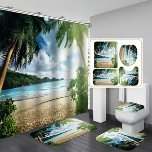 شجرة جوز الهند المشمسة الساحلية مشهد شاطئ البحر 3D موضوع المطبوعة مجموعة سجادة دش الستار