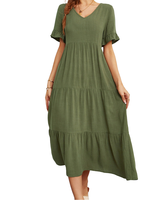 Robe longue d'été unie pour femme, élégante, respirante, taille haute, décontractée, à manches courtes et col en V, idéale pour les vacances