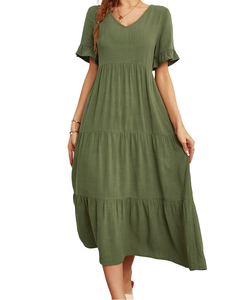 Vestido Midi Verde con Cuello en V, Manga Corta, Diseño en Capas, Holgado, Informal, de Verano, Tejido de Algodón y Fibra de Bambú, Transpirable, con Volantes en las Mangas, Color Sólido - Product Image 1