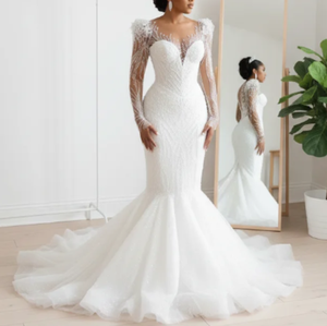 S0845Y 2026 Nuovo Abito <span class=keywords><strong>da</strong></span> <span class=keywords><strong>Sposa</strong></span> Africano di Lusso con Scollo a V, Strascico a Coda di Pesce, Maniche Lunghe e Paillettes, <span class=keywords><strong>Taglie</strong></span> <span class=keywords><strong>Forti</strong></span> - Product Image 3