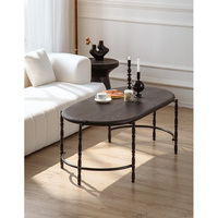 Table basse de style vintage français avec cadre en métal, plateau en bois massif à 2 niveaux, ovale, noir, meubles de maison durables