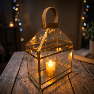 Ensemble de 3 lanternes à bougies artisanales avec poignée en cuir et verre, finition laiton, modèle L10 Abc pour la décoration de la maison - Product Image 2