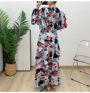 女式休闲马克西连衣裙，带层叠皱褶褶褶袖印花春夏在线批发供应商 - Product Image 3