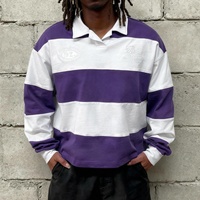 Chemise ample à rayures brodées vintage QIANSHI, style streetwear personnalisé, manches longues, polo de rugby pour homme
