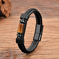 Bracelet tressé double brin en acier inoxydable avec fermoir magnétique, perles en œil de tigre naturel, design vintage minimaliste pour homme