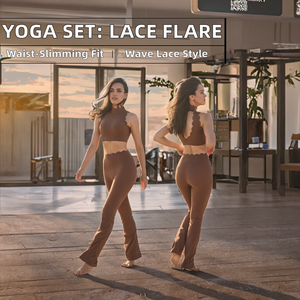 ชุดโยคะผู้หญิง 2 ชิ้น กางเกงเลกกิ้งเอวสูงแต่งลูกไม้ขอบหยัก พร้อมเสื้อครอปเปิดหลัง ดีไซน์ขอบเปลือกหอย ชุดออกกำลังกายพิมพ์ลาย ผ้ายืดสแปนเด็กซ์/ไนลอน - Product Image 2