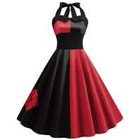 Robe de cosplay Halloween pour femme, imprimée à rayures, longueur midi, noire et rouge, motif poker et clown, costume de performance pour Halloween