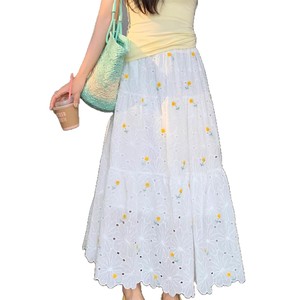 Women's Pure Cotton Embroidered <b>Midi</b> <b>Skirt</b> <b>White</b> Floral Pattern Comfortable Breathable Europe America Style - Product Image 5