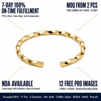 Bracelet manchette torsadé haut de gamme plaqué or PVD 18 carats en acier inoxydable, prêt à l'expédition en gros