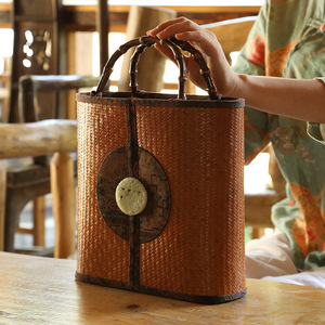 Sac fourre-tout en bambou tissé à la main, style chinois, mini panier de rangement pour thé, sac pour femme - Product Image 4