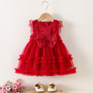 Vestido de Tul Rojo para Niña Pequeña, Vestido de Fiesta con Volantes, Mangas con Lazo, Vestido de Princesa para Fiesta de Cumpleaños Infantil - Product Image 5