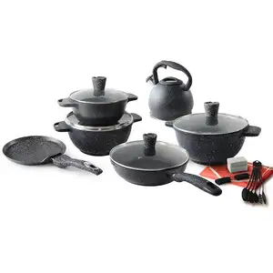 Set peralatan masak, Die Cast, 21 buah panci memasak anti lengket marmer, Set panci sup & stok dengan tutup kaca