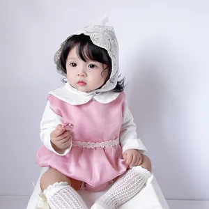 2pcs新款婴儿女婴衣服漂亮女婴蕾丝天鹅绒双层背心连裤三角连身衣