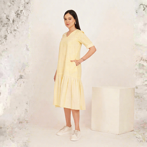 SUNSHINE SEERSUCKER Yellow Knitted V-Neck Midi <b>Dress</b> Pockets Casual Modern Fit 3/4 Sleeve Solid Color Breathable Eco-Friendly - Product Image 1