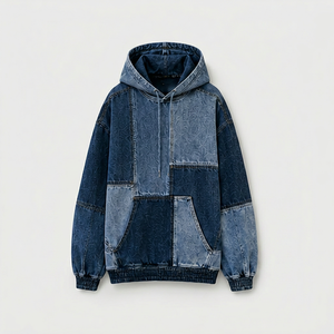 Sweat à capuche en jean pour homme, design patchwork avec poche kangourou, coupe classique, style automne - Product Image 1