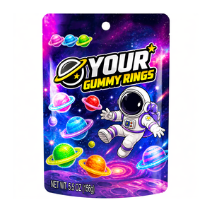 Sachet Mylar Holographique Personnalisé Thème Spatial pour Bonbons Gélifiés, Pochette Autoportante Design Planète, Qualité Alimentaire, Fermeture Ziplock, Logo Personnalisé - Product Image 1