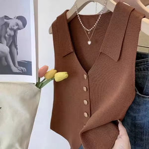 Nouveau débardeur tricoté style français 2026 à col en V et simple boutonnage, coupe ajustée, sans manches pour <span class=keywords><strong>femme</strong></span> - Product Image 1