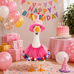 Conjunto <span class=keywords><strong>de</strong></span> <span class=keywords><strong>disfraz</strong></span> <span class=keywords><strong>de</strong></span> cumpleaños <span class=keywords><strong>de</strong></span> ganso rosa para jardín, <span class=keywords><strong>con</strong></span> sombrero <span class=keywords><strong>de</strong></span> vela <span class=keywords><strong>de</strong></span> pastel, falda tutú y pompones coloridos - Product Image 3
