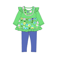 Vêtements pour enfants en gros, ensembles d'été, style européen et américain, tissu en soie de lait, tenues pour filles, fleurs roses à l'aspect d'encre, gris-bleu