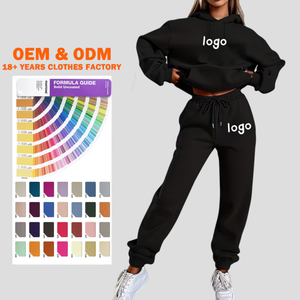 High Quality Cotton Women's Oversized Solid Fleece Hoodie Sweatshirt Custom Logo Printed 3D Embroidery Tracksuit <b>Set</b> - Product Image 1