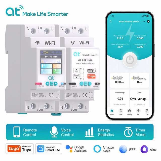 HD Color Screen Smart WiFi Switch 63A Power Energy Monitoring kWh Meter Circuit Breaker Timer Support Alexa Google Home Alice