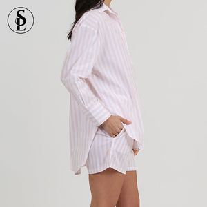 Bán Sỉ Quần Đùi Kẻ Sọc Dài Tay Màu Hồng Cotton Hữu Cơ 100% Bộ Đồ Ngủ Cho Nữ - Product Image 3