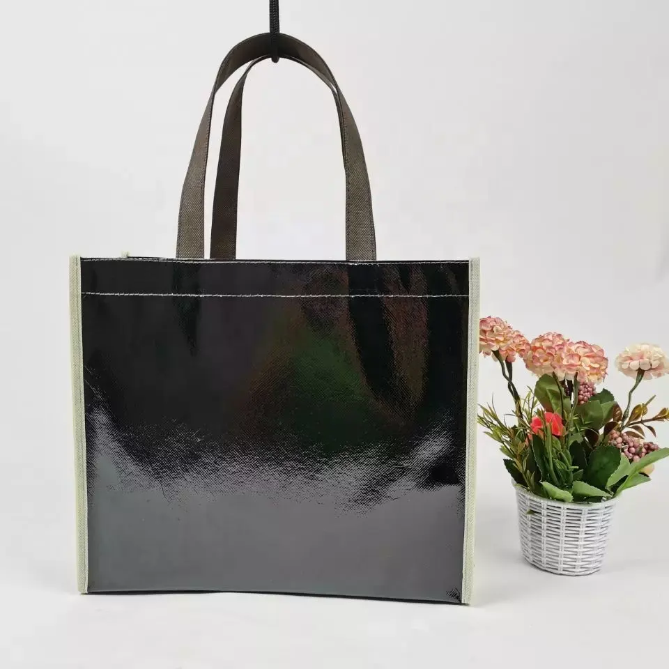 Luxury Laminated Nonwoven Shopping Tote Bag With Custom Printed Logo Black Waterproof Laminated Nonwoven Bag